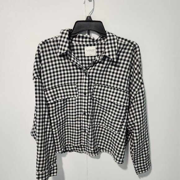 Abercrombie & Fitch Women's Cropped Black White Checkered Flannel shirt- Large - Picture 1 of 6